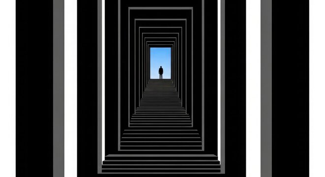 Infinite staircase illusion silhouette of a man ascending towards bright sky