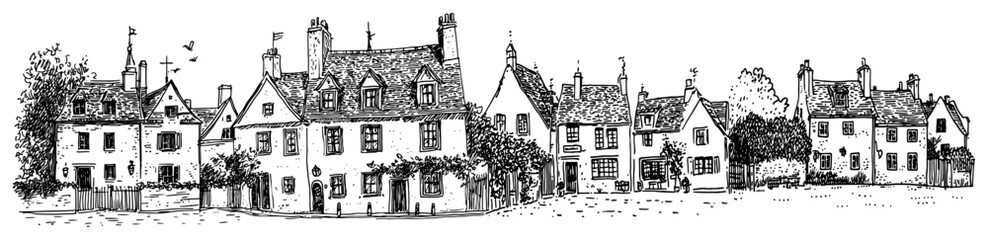 Fototapeta premium Traditional European houses and village street in hand drawn engraving style