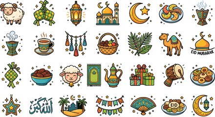 Obraz premium Ramadan Kareem stickers in colorful flat illustration for Islamic holiday decoration