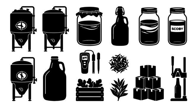 Kombucha Brewing Equipment Set, Fermentation Jars, Bottles, SCOBY, and Tools Vector Icons | Homebrew Supplies Collection