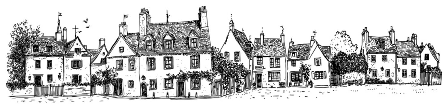 Traditional European houses and village street in hand drawn engraving style