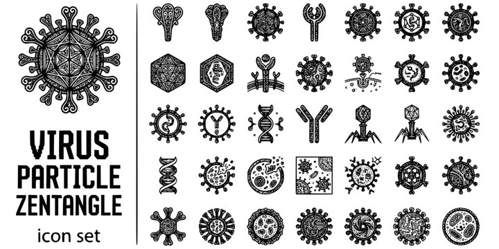 Virus Particle Zentangle Black White-Spike Protein Capsid Receptor-Microbial Art Vector-Virus Icon Zentangle-Hospital Quality Design Set