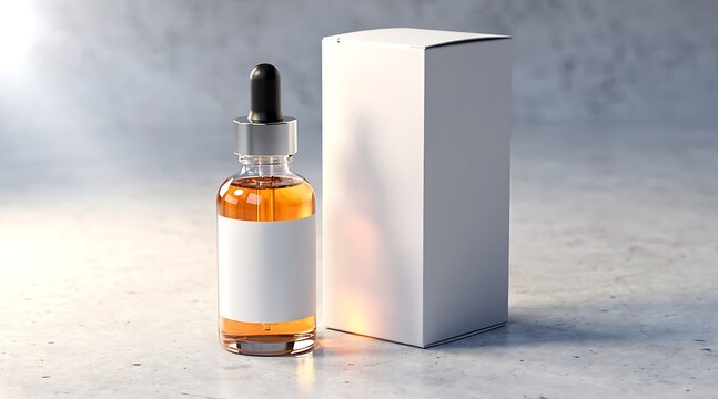 Elegant Amber Liquid Bottle with Dropper and White Packaging on a Textured Surface.