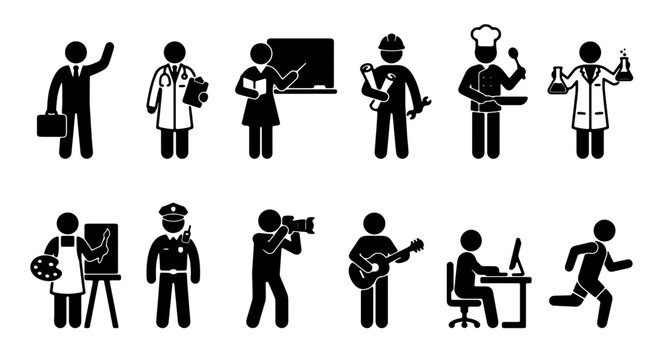 Diverse Professions Icon Set, Business People Pictograms, Career Silhouettes, 10 Figures Vector Collection for Presentations and Infographics