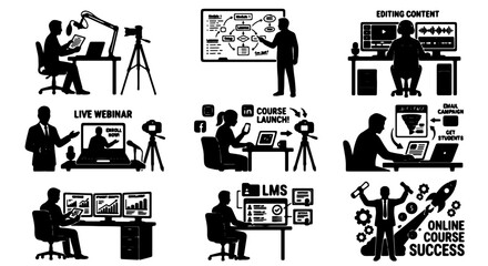 Fototapeta premium Online Course Creation & Education Icons Set, Digital Learning & Webinar Graphics, Business Training & Success Vector Elements