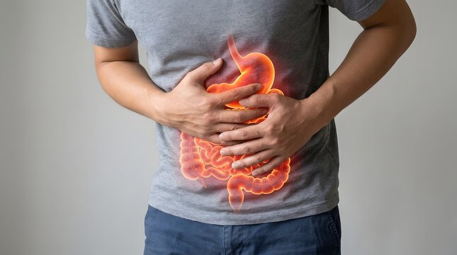 Man experiencing stomach pain with glowing red digestive system overlay
