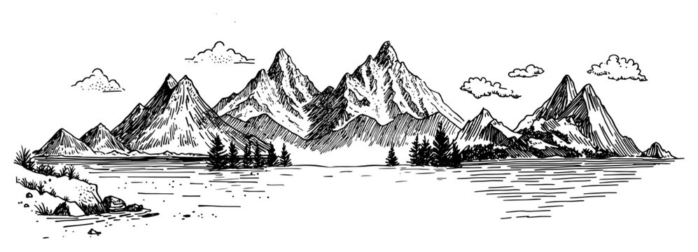 Mountain range panorama with alpine lake and pine forest in vintage engraving style