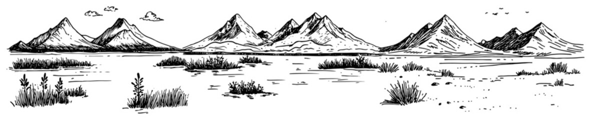 Fototapeta premium Mountain range landscape with grassy plains and low shrubs panoramic vector sketch in engraving style