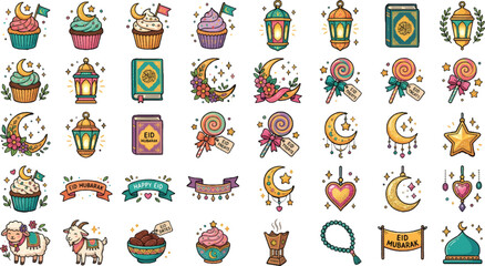 Fototapeta premium Colorful Ramadan Kareem stickers in flat design style with bright vibrant lighting for social media