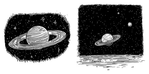 Saturn planet with rings in deep space with stars and moon in vintage engraving style © Kaz