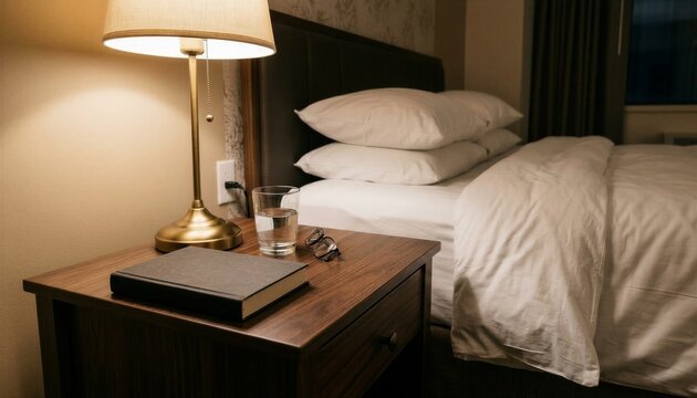 Cozy Bedroom Interior With Bedside Lamp And Wooden Nightstand