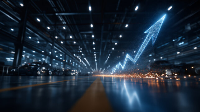 Industrial Growth Data Visualisation: A futuristic concept visualising exponential industrial growth, represented by a glowing blue upward trending graph superimposed over a factory interior.