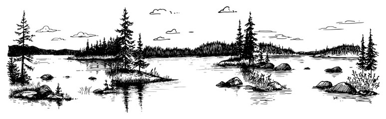 Lake landscape with evergreen pine trees and rocky islands in hand drawn engraving style © Kaz