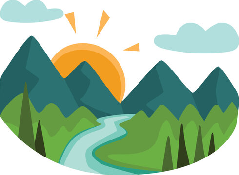 Sunrise Mountain River Nature Flat Vector Illustration