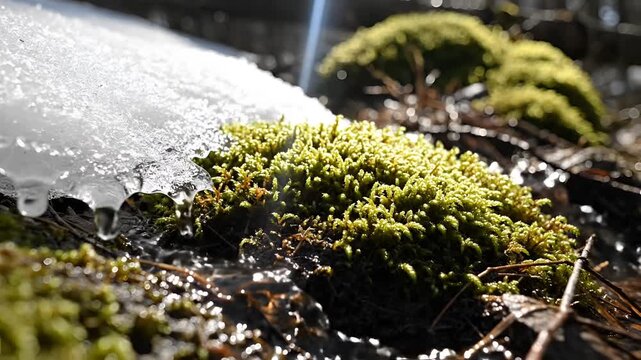Closeup of vibrant green moss growing near melting snow in sunlight.