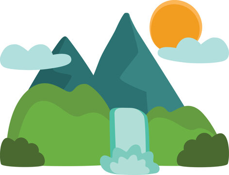 Mountain Waterfall Nature Flat Vector Illustration