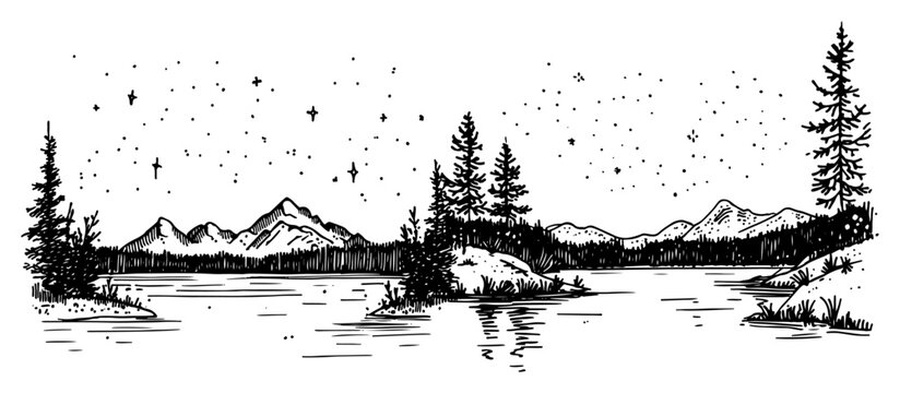 Night landscape with pine forest mountains and lake under starry sky vector sketch in engraving style