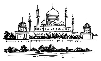 Grand mosque with minarets and dome located on a river bank in hand drawn sketch style © Kaz