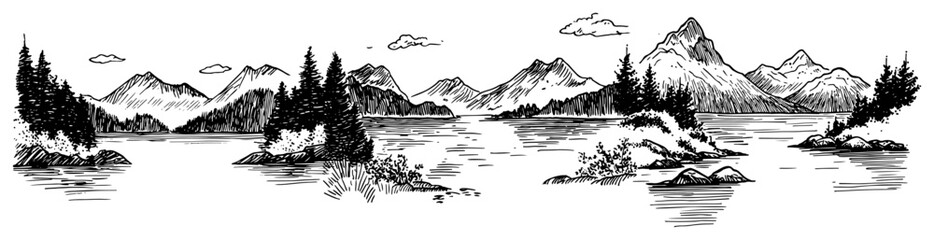 Obraz premium Mountain landscape panorama with lake and pine forest in vintage engraving style