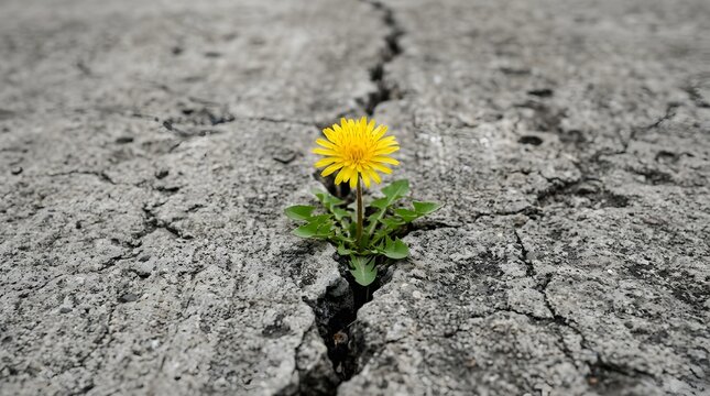 Resilient dandelion growing through concrete crack symbolizing hope and perseverance in urban environment