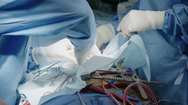 Team of surgeons performing open heart surgery in an operating room