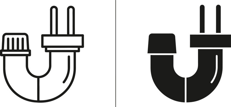 Plumbing P trap icon with plug symbol in outline and solid fill on white background