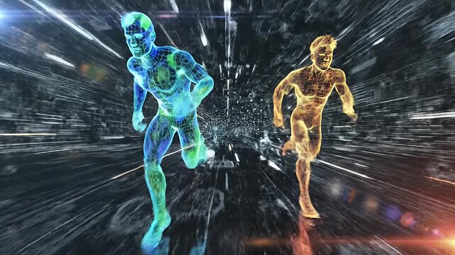Abstract runners in futuristic digital environment motion graphic
