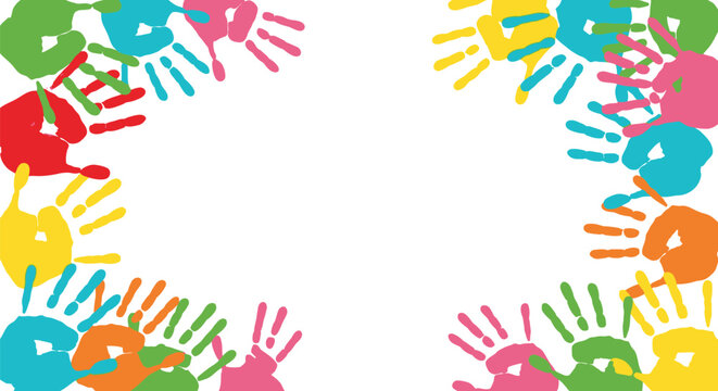 Vibrant handprint vector frame with colorful palm prints