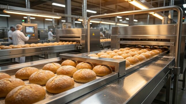 Automated bakery factory line featuring rows of golden brown bread rolls moving along stainless steel conveyor belt system inside modern food processing plant production area.