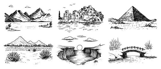 World landscapes and historic monuments set including desert pyramid canyon and lake vector sketches © Kaz