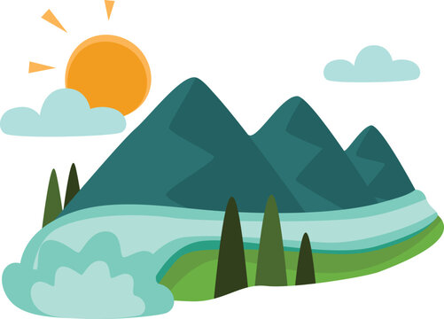 Sunny Mountain River Flat Vector Illustration