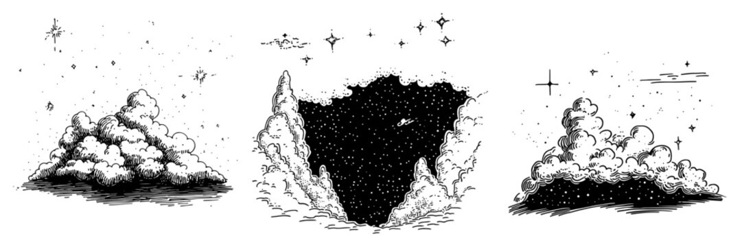 Night sky clouds with stars and celestial elements in vintage sketch style