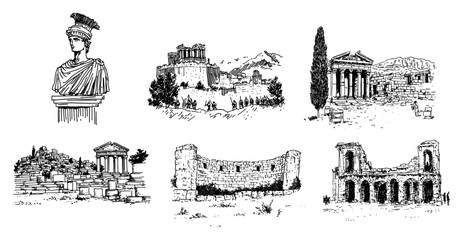 Obraz premium Ancient Greek architecture set with temple ruins and classical bust sculpture in hand drawn sketch style