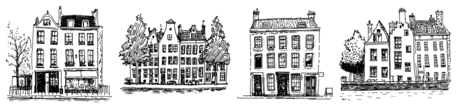 European gabled houses along waterfront with traditional Dutch architecture in hand drawn engraving style