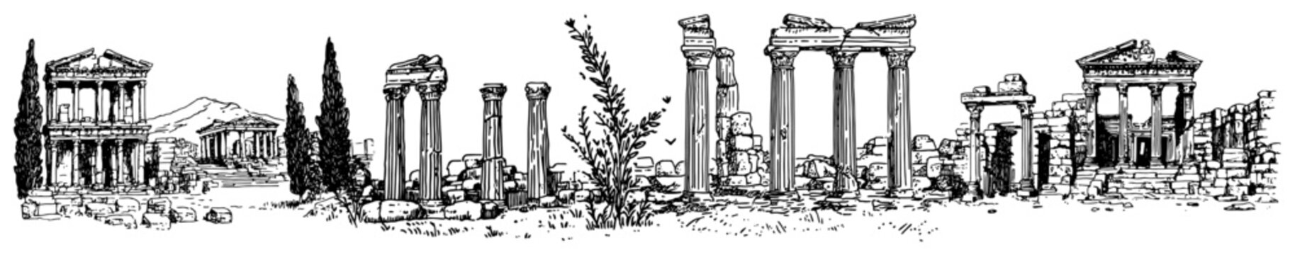 Ancient Roman ruins with stone columns and temple structures in hand drawn sketch style