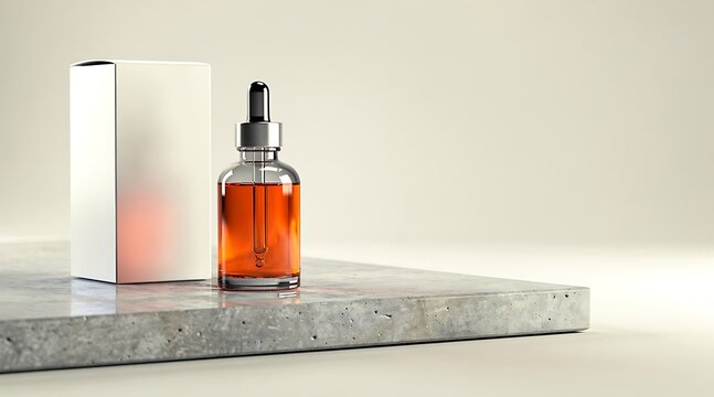 Elegant Skincare Product Display - Dropper Bottle and Box on Marble Surface.
