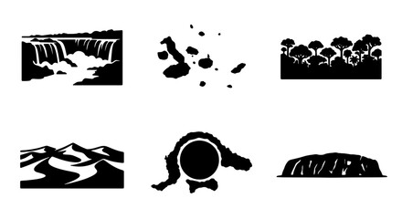 Iconic Landmark Silhouettes: World Travel Destinations, Natural Wonders, and Geographic Icons Set © Zubaraj