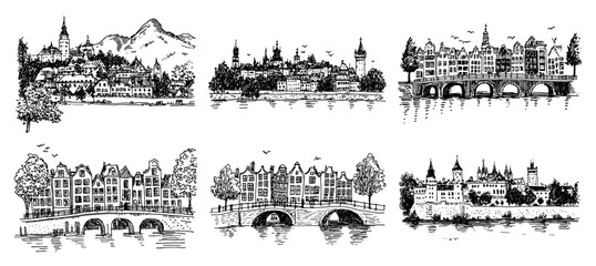 Obraz premium European old town landscapes with historical bridges and castles in vintage sketch style