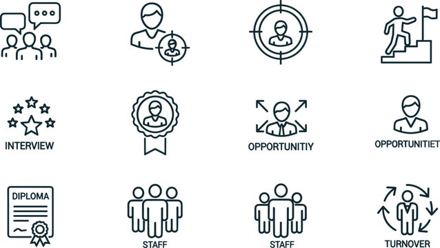 Human resources and career growth icons set with staff turnover interview diploma and opportunity concept.