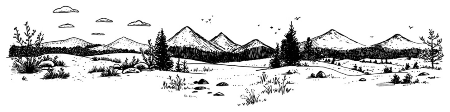 Mountain landscape panorama with pine trees and hills in vintage engraving style