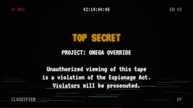 Top Secret Project Warning, VHS Tape Aesthetic, Classified Document Overlay, Retro Espionage Alert Screen, Vintage Data Leak Footage