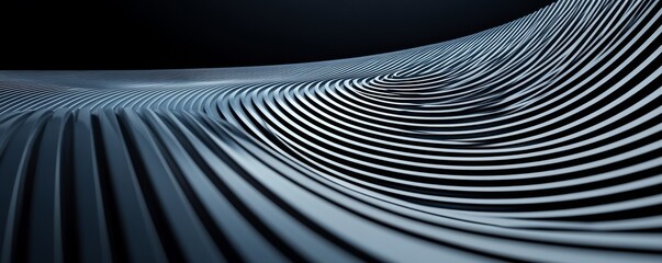 Naklejka premium Dynamic 3D render Undulating silver-grey parallel lines form a fluid, abstract landscape with a central vortex, creating rhythmic motion and deep shadows., abstract, digital