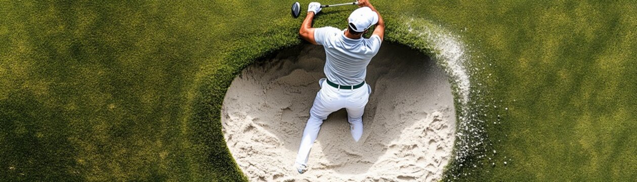 Dynamic overhead view Golfer in white executes a powerful bunker shot, sand erupting! High-angle action captures the challenge of golf. Golf, Sports