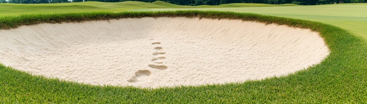Footprints lead into a classic golf bunker's pristine sand, bordered by lush green grass and a rolling course background. The ultimate golf trap challenge. Golf, Sandtrap