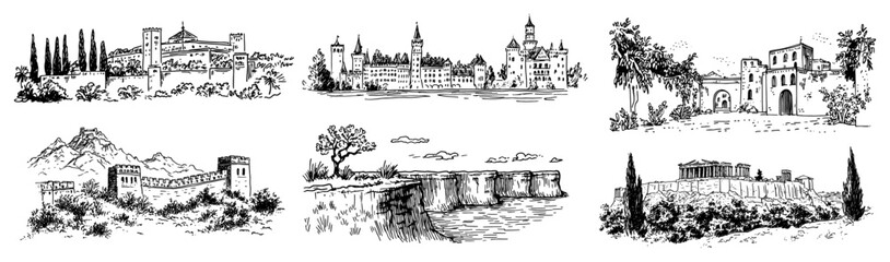 Historical landmarks and ancient architectural heritage collection of hand drawn vintage sketches © Kaz