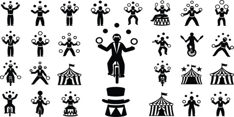 Circus Juggler Performance Icon Set Featuring Professional Entertainers Juggling Balls and Rings on Unicycles with Carnival Tents and Magic Top Hat Symbols for Festival Event Graphic Designs © MST-Studio