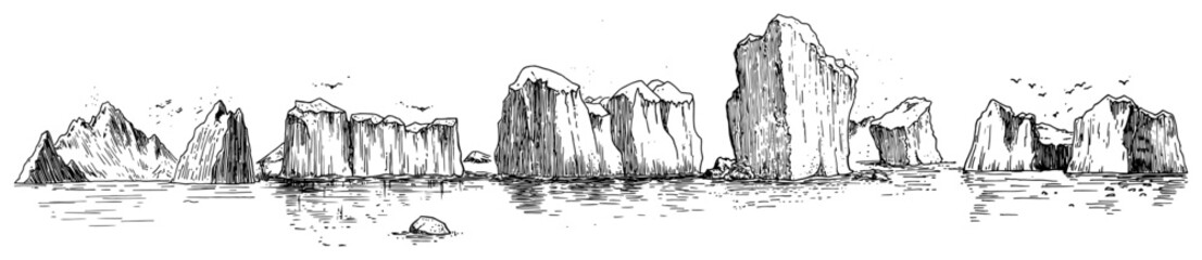 Icebergs and rocky islands in arctic water landscape in hand drawn sketch style © Kaz