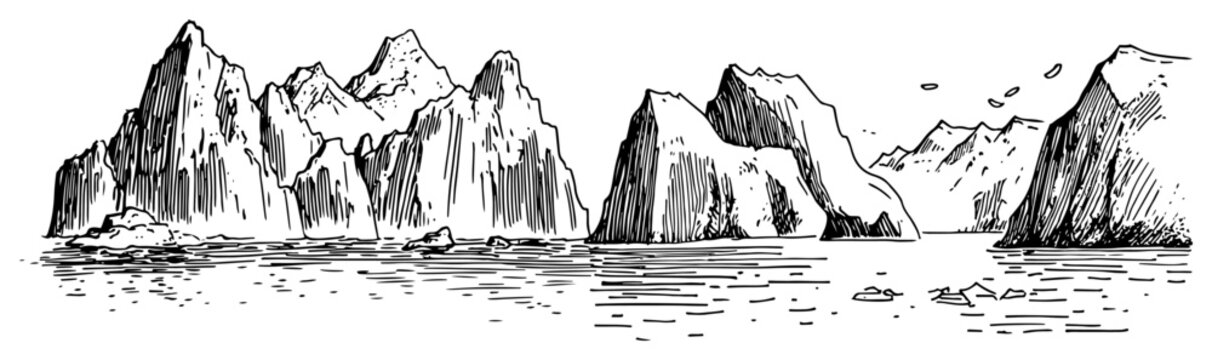 Jagged icebergs and steep cliffs rising from ocean surface in hand drawn sketch style
