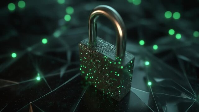 Cybersecurity padlock on dark digital network background, symbolizing data protection, privacy, internet security, and secure technology.