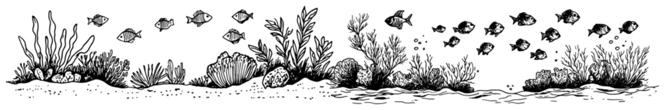 Underwater ocean reef with coral seaweed and swimming fish school hand drawn vintage sketch